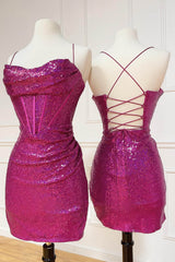 Sparkly Hot Pink Corset Sequined Tight Short Homecoming Dress/Mini Dress