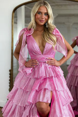 Pink Ruffled Prom Dress with Deep V Neckline in A-Line Style