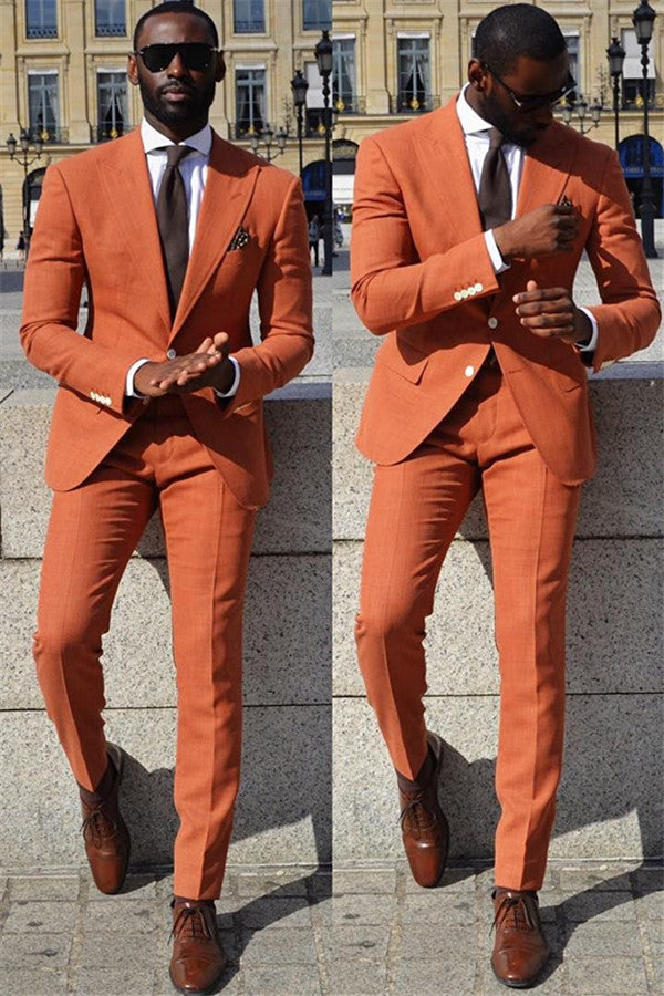 New Arrival Casual Orange Peaked Lapel Wedding Suits for Groom and Groomsmen