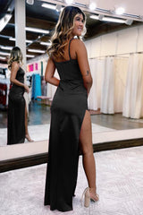 Simple V-Neck Prom Dress in Hot Pink Satin with Slit