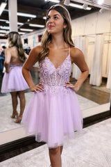 Glitter Lilac Corset A-Line Tulle Short Homecoming Dress/Mini Dress with Lace