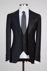 Elegant Slim Fit Black Peaked Lapel Wedding Tuxedo with Three-Piece