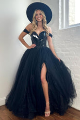 Black Off-the-Shoulder A-Line Princess Prom Dress with Front Split Corset