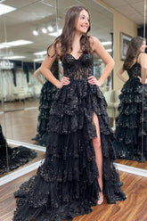 Black Off-the-Shoulder Corset Prom Dress with Lace A-Line Ruffles