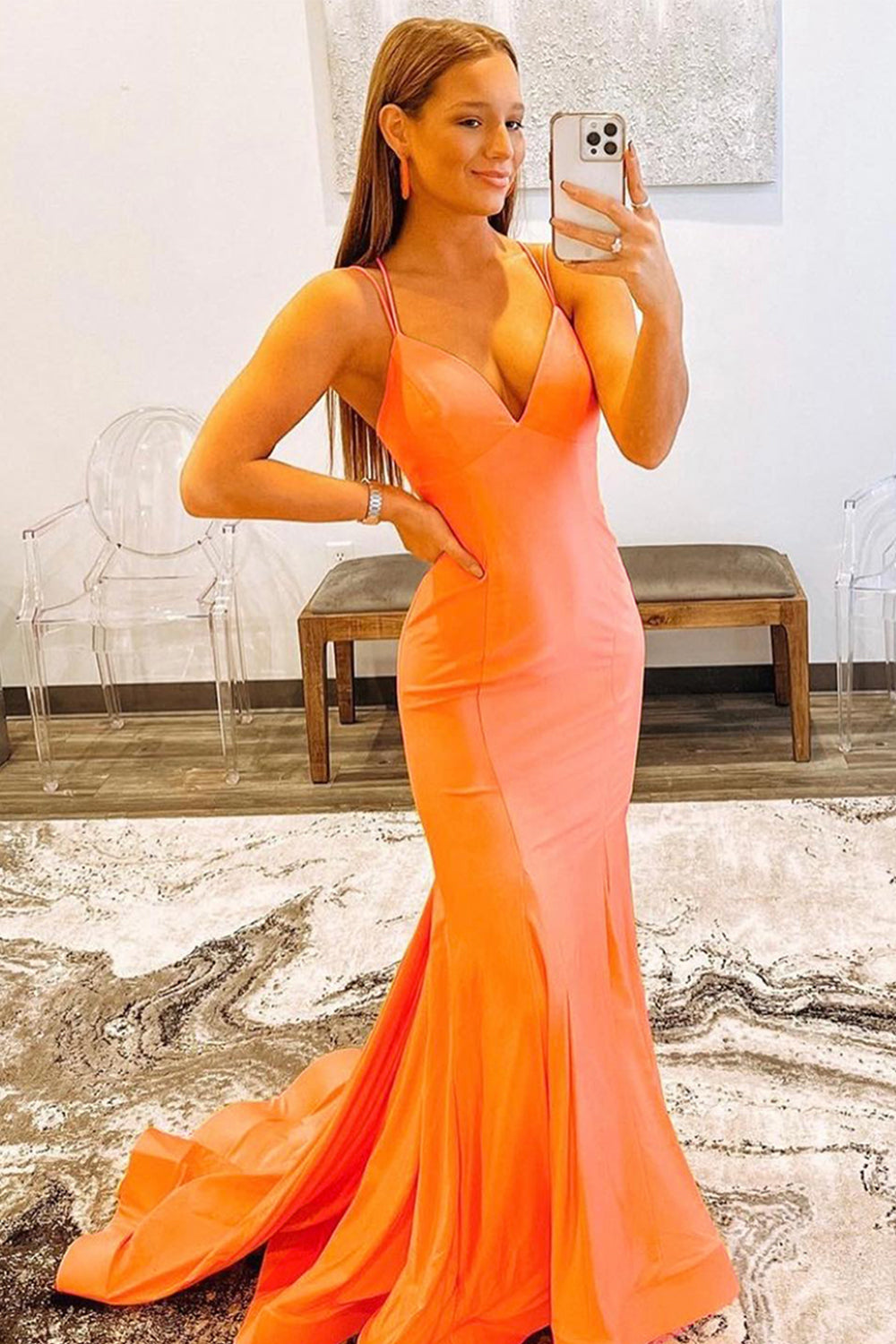 Blackless Mermaid Prom Dress with Orange Spaghetti Straps
