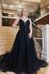 A-Line Prom Dress with Black Spaghetti Straps and Appliques