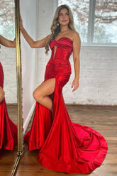 Elegant Red Satin Mermaid Prom Dress with Sweetheart Neckline and Front Split
