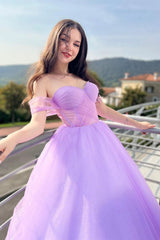 Purple Long Prom Dress with Criss Cross Back and Off-the-Shoulder Princess A Line