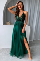 Sequin Party Dress with Green V-neck