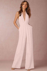 Casual Black Deep V-Neck Halter Long Daily Jump Suit