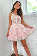 Sparkly Pink Tiered Lace One Shoulder Short Homecoming Dress/Mini Dress