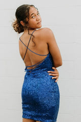 Blue Spaghetti Straps Sequins Homecoming Dress/Mini Dress With Criss Cross Back