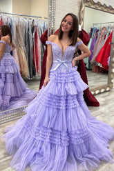 Lilac Long Prom Dress with Ruffles 鈥?Off-the-Shoulder A-Line Princess Style