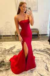 Mermaid Prom Dress in Red with Strapless Design and Slit