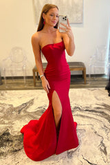 Mermaid Prom Dress in Red with Strapless Design and Slit