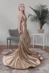 Backless Mermaid Prom Dress with Halter in Champagne