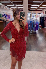Sparkly Dark Red Sequined Long Sleeves Tight Short Homecoming Dress/Mini Dress with Fringes