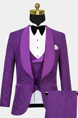 Classic Three-Piece Violet Wedding Guest Suit with Jacquard