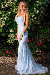Backless Evening Gown in Long Mermaid Blue Prom Dress