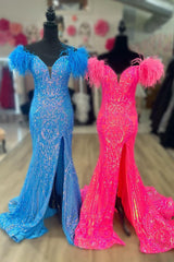 Sparkling Mermaid Off-Shoulder Long Prom Dress in Hot Pink/Blue with Feather Accents