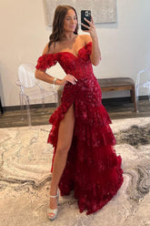 Long Red Prom Dress with Lace in an Off-the-Shoulder A-Line Design