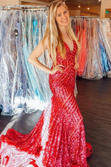 Sequined Mermaid Prom Dress with Deep V-Neck in Fuchsia