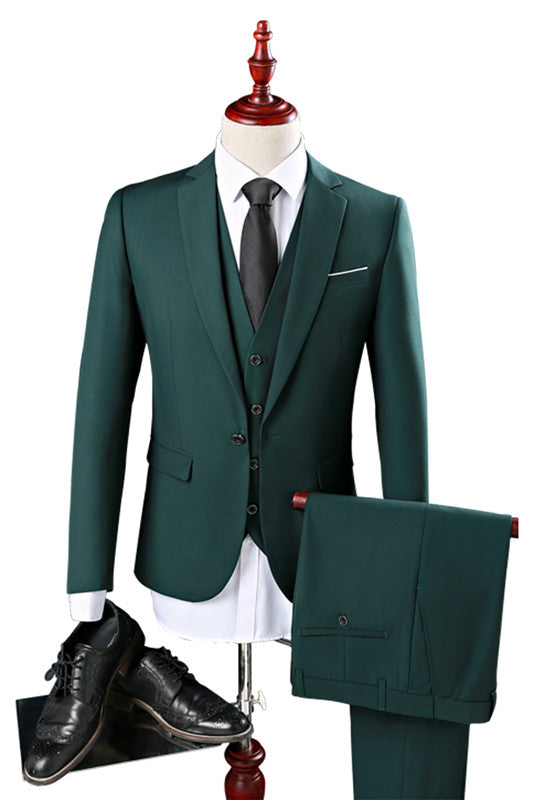 Green Unique Wedding Guest Suit Three Pieces with Notch Lapel Tuxedo