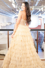 Long Strapless Prom Dress in Golden Tulle with Tiered Skirt and Slit