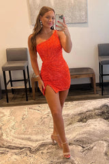 Glitter Orange One Shoulder Beaded Tight Homecoming Dress/Mini Dress