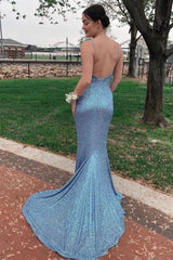Light Blue Sequined Mermaid Prom Dress with Spaghetti Straps and Backless Design