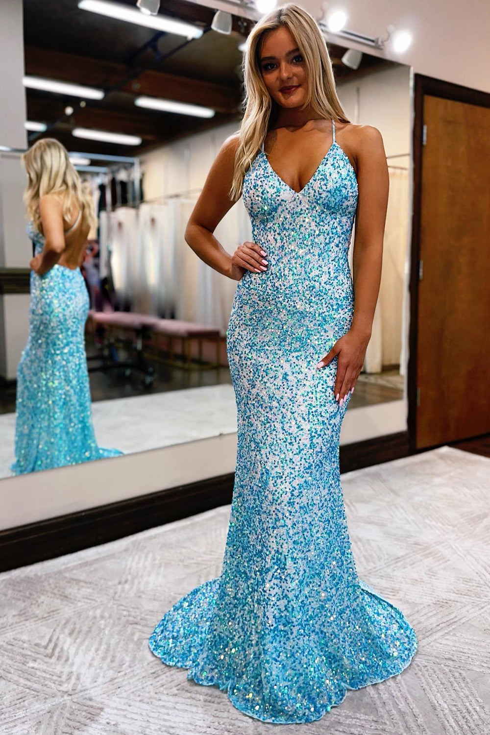 Blue Sequined Mermaid Prom Dress with Spaghetti Straps and Backless Design