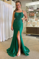 Dark Green Mermaid Prom Dress with Spaghetti Straps Cut-Out Details and Beading