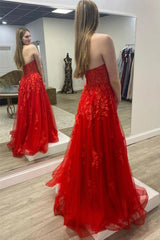 Long Red Prom Dress with Sweetheart Neckline and Appliques