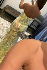 Sequined Yellow Prom Dress with Strapless Design and Slit