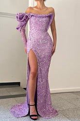 Purple One Shoulder Mermaid Slit Evening Dress Sequins With Long Sleeve