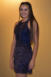 Dark Blue Open Back Sequins Homecoming Dress/Mini Dress