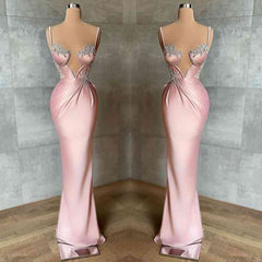 Sexy Dusty Pink Spaghetti Straps Deep V Neck Mermaid Evening Dress With Chic Appliques