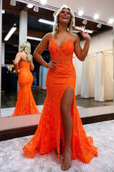 Mermaid Prom Dress with Orange Spaghetti Straps