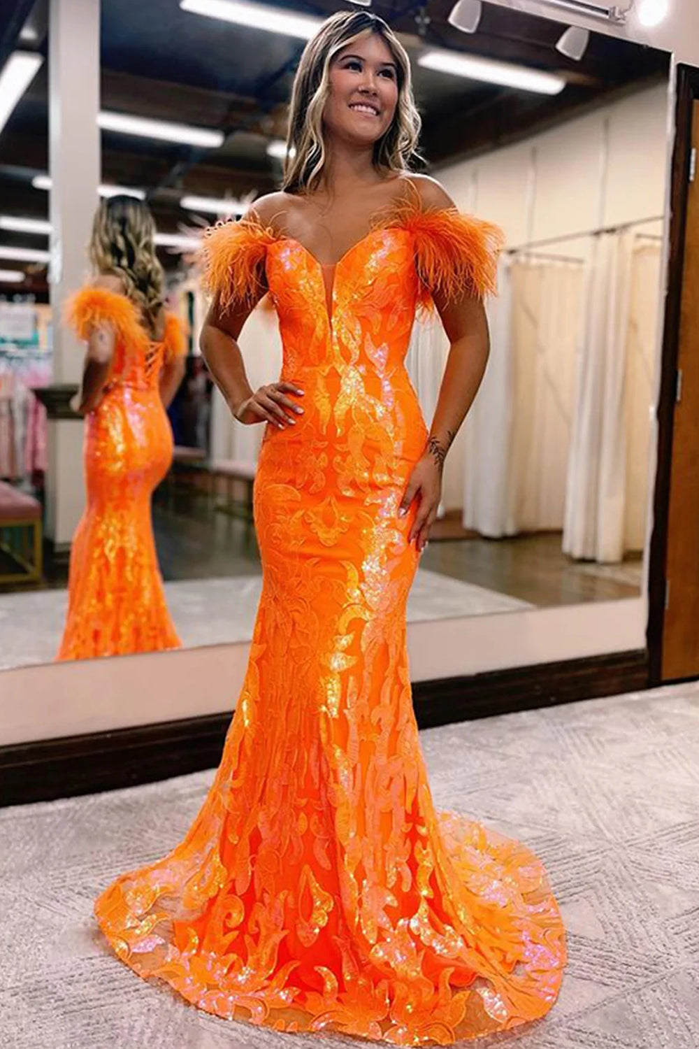 Orange Long Prom Dress with Feathers 鈥?Off-the-Shoulder Mermaid Style