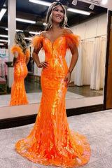 Orange Long Prom Dress with Feathers in a Mermaid Off-the-Shoulder Style