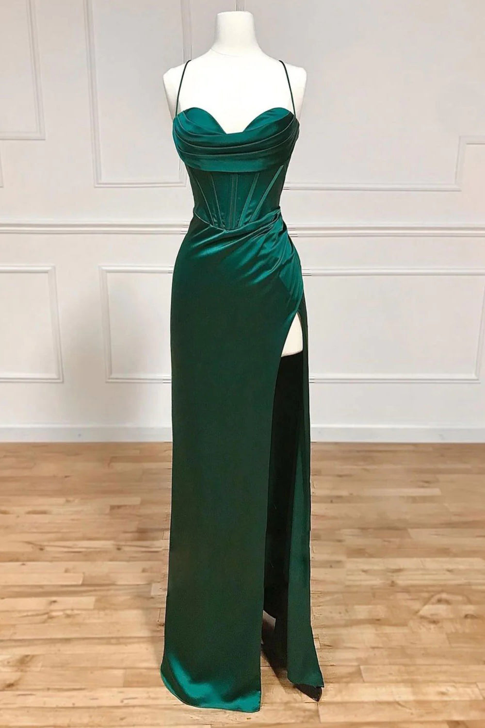 Dark Green Corset Prom Dress with Sheath Spaghetti Straps and Front Split