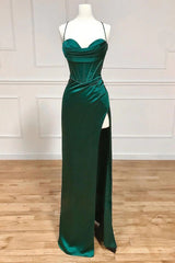 Dark Green Corset Prom Dress with Sheath Spaghetti Straps and Front Split