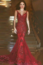 Burgundy Mermaid Lace Appliques Evening Dress