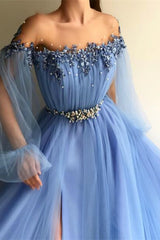 Long Sleeves Off-the-Shoulder Evening Dress With Beads