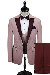 Stylish Burgundy Prom Suits Peak Lapel Suits with Pink One Button