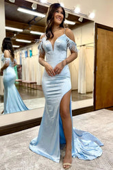 Light Blue Long Mermaid Prom Dress with Criss Cross Back and Off-Shoulder Design