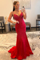 Red Long Prom Dress with Mermaid Spaghetti Straps and Criss Cross Back