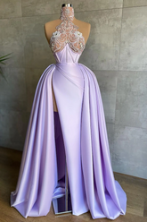 Halter Sleeveless Mermaid Split Long Formal Dress With Appliques