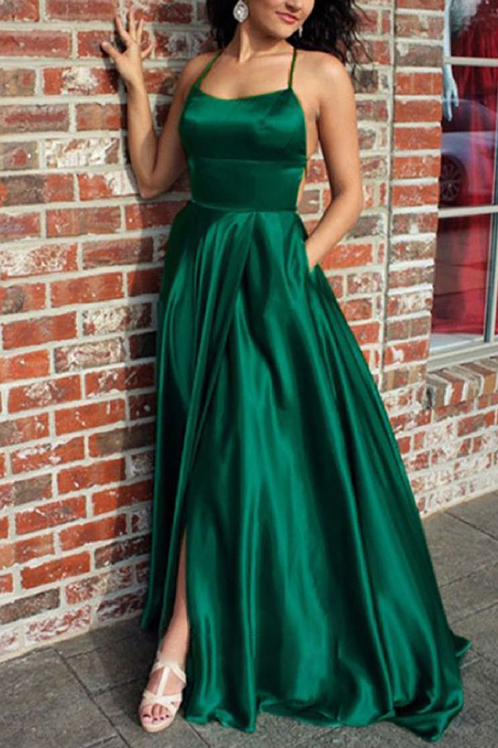 Simple Backless Prom Dress in Green Satin with A-line Cut