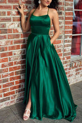 Simple Backless Prom Dress in Green Satin with A-line Cut